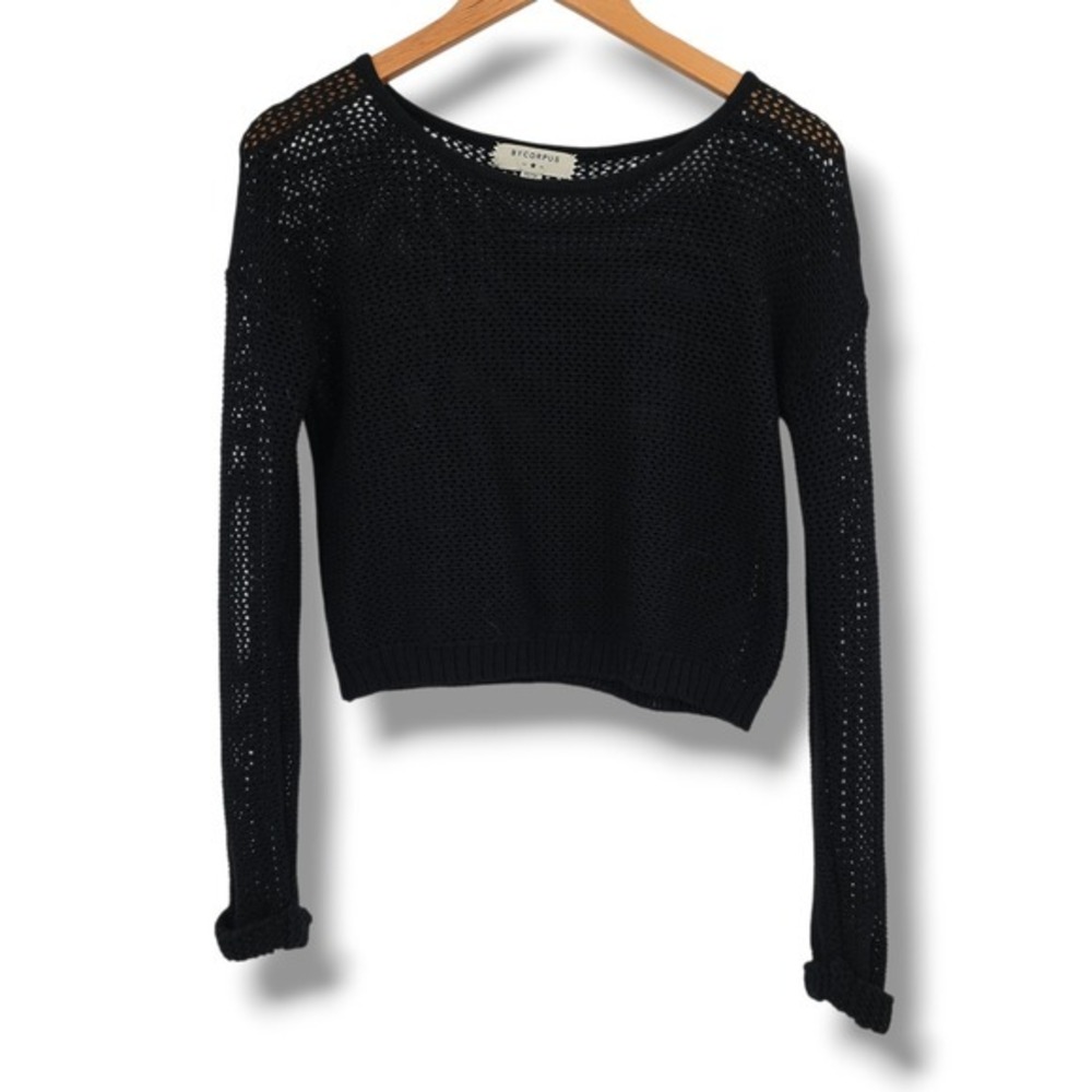 BYCORPUS Black Open Knit Cropped Sweater Womens XS Long Sleeve Cotton Blend